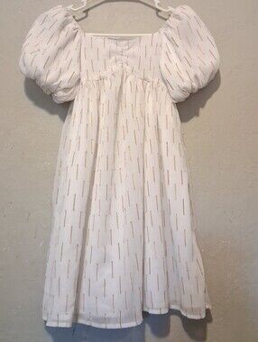Janie And Jack Kid Girl Dress Sz10 Babydoll Puff Sleeve White With Gold Ruched